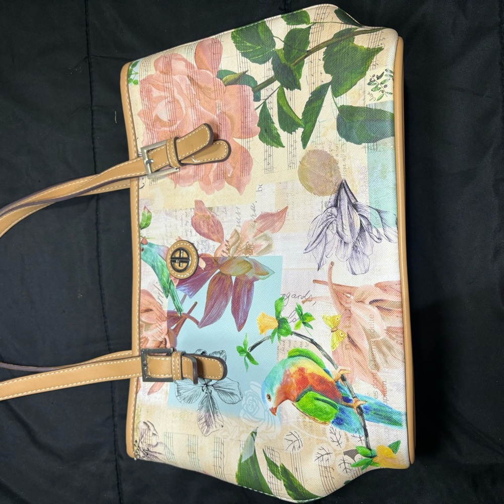 Vintage GIANI BERNINI Colorful Tropical Flower Parrot Print Tote Handbag - Picture 2 of 12